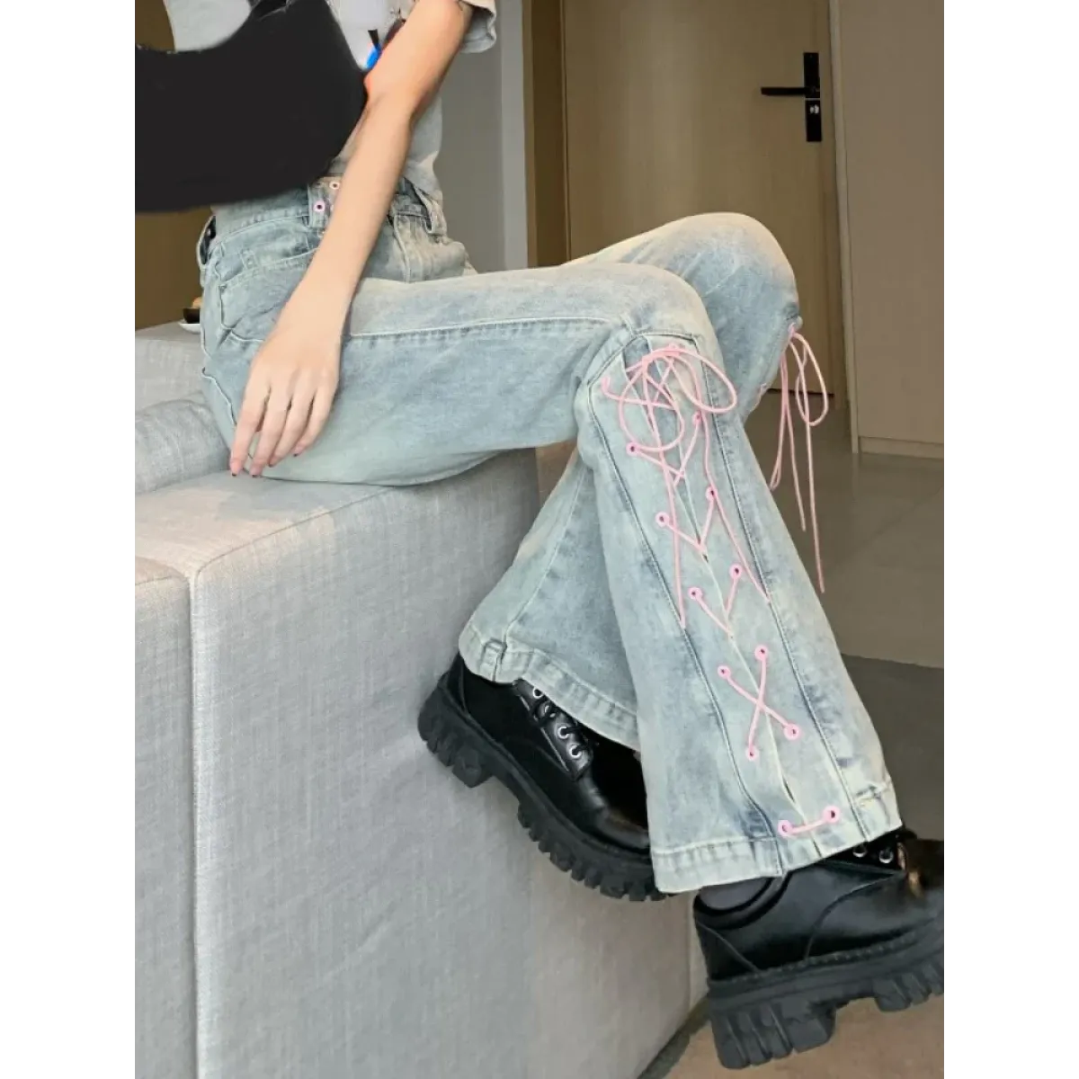 Denim Vintage Harajuku Lace-Up Flare Jeans